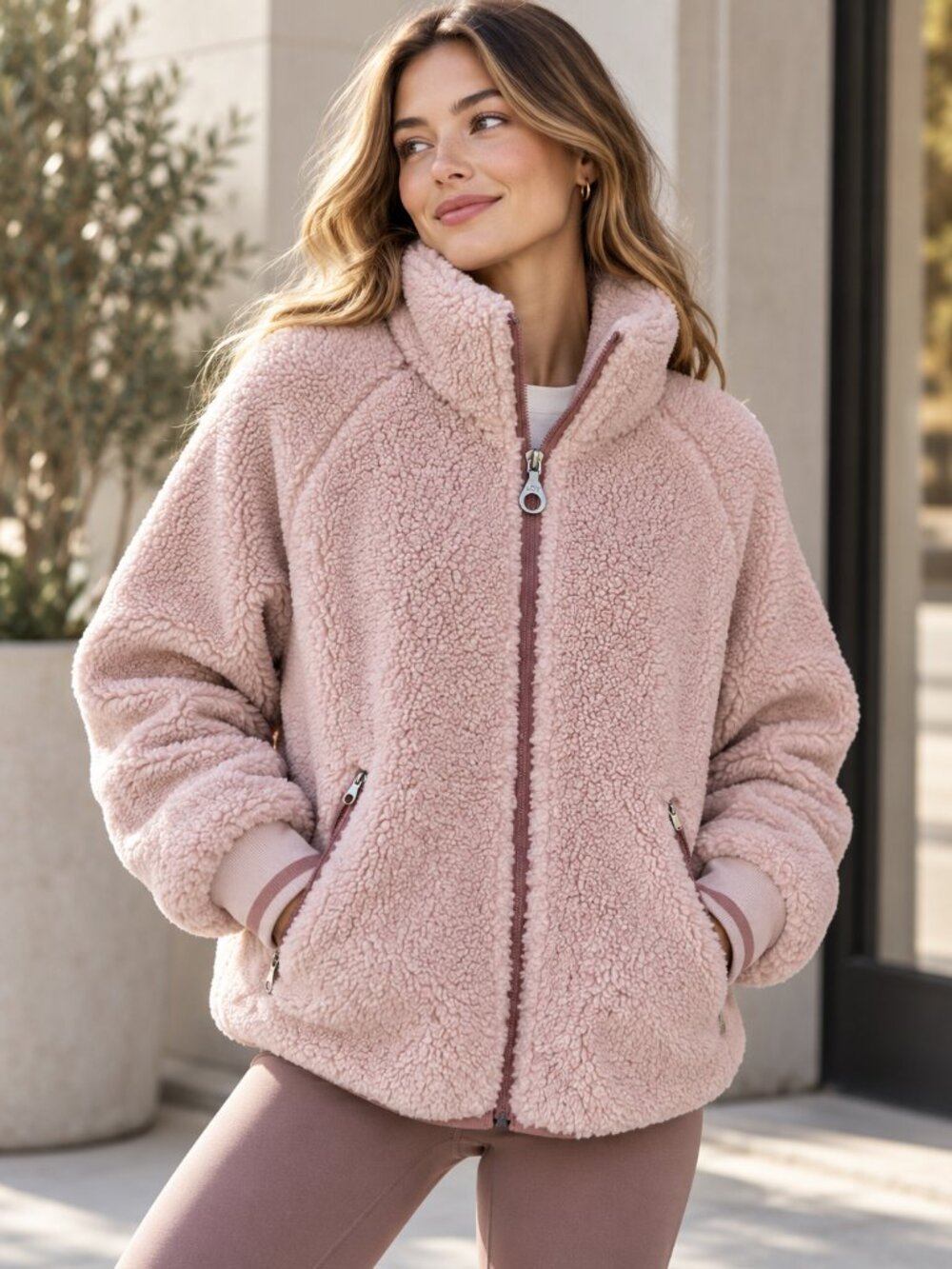 JOY LAB Women’s XL Blush Pink Sherpa Fleece Full Zip Teddy Jacket Cozy